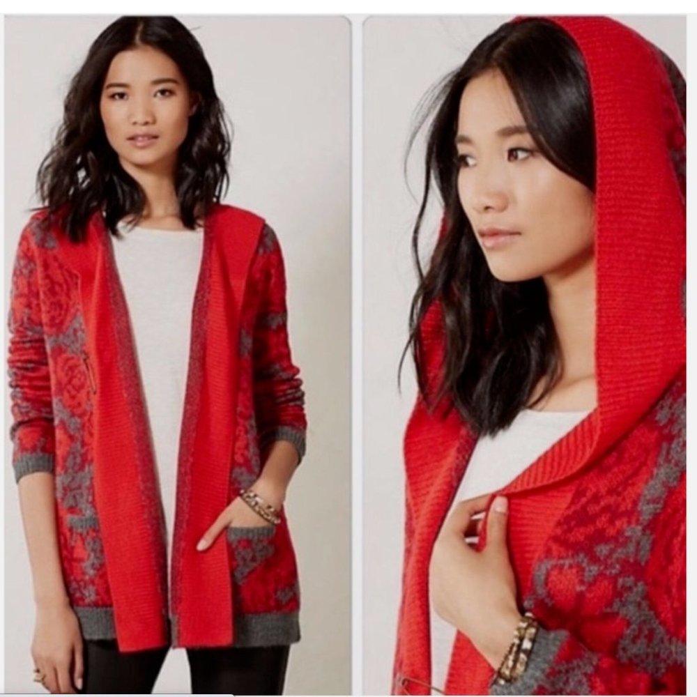 Anthropologie Sparrow Maraschino Floral Hooded Cardigan Sweater S Red Roses Grey